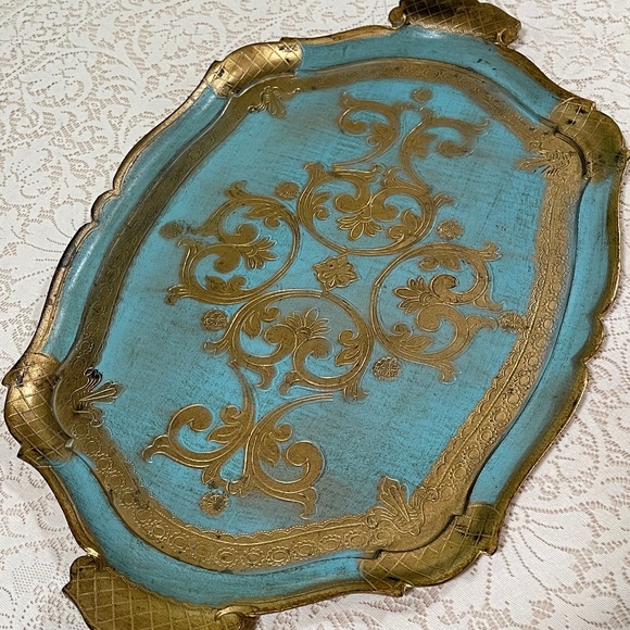 Vtg Florentine Italian Wood Guilded Toleware Tray Turquoise/Gold 22 ¾"L x 14.5"W - Picture 2 of 6